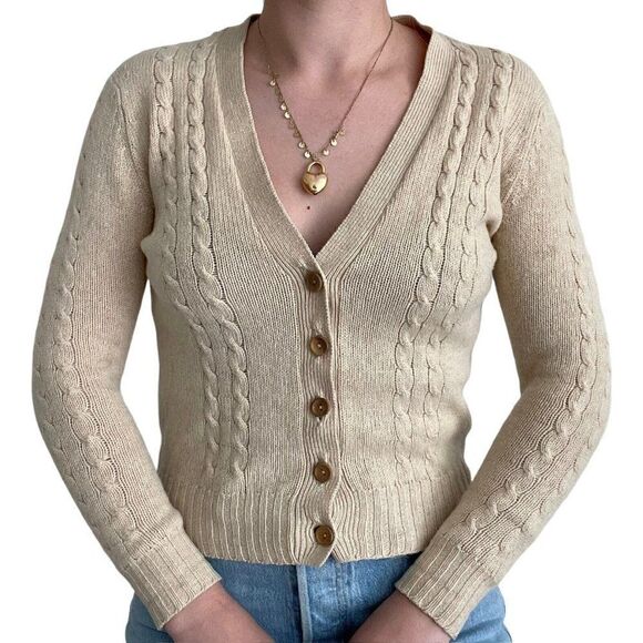 Vintage 1960s Womens Jaeger Cashmere Wool Blend Beige Tan Preppy Cardigan XS - Picture 4 of 8